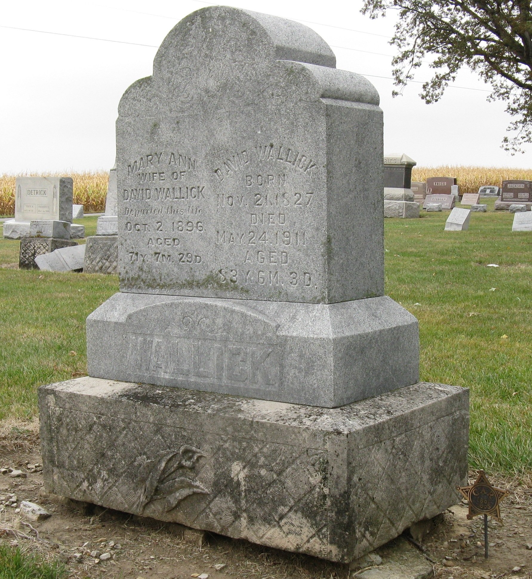 Gravestone of David Wallick and Mary Ann Wallick, Tomlinson Cemetery, Van Wert, Ohio